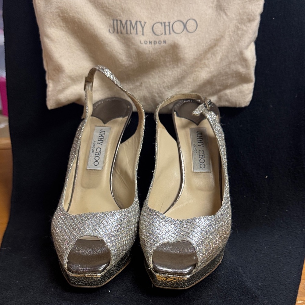 Jimmy Choo Glittering Silver Peep Toe Heels